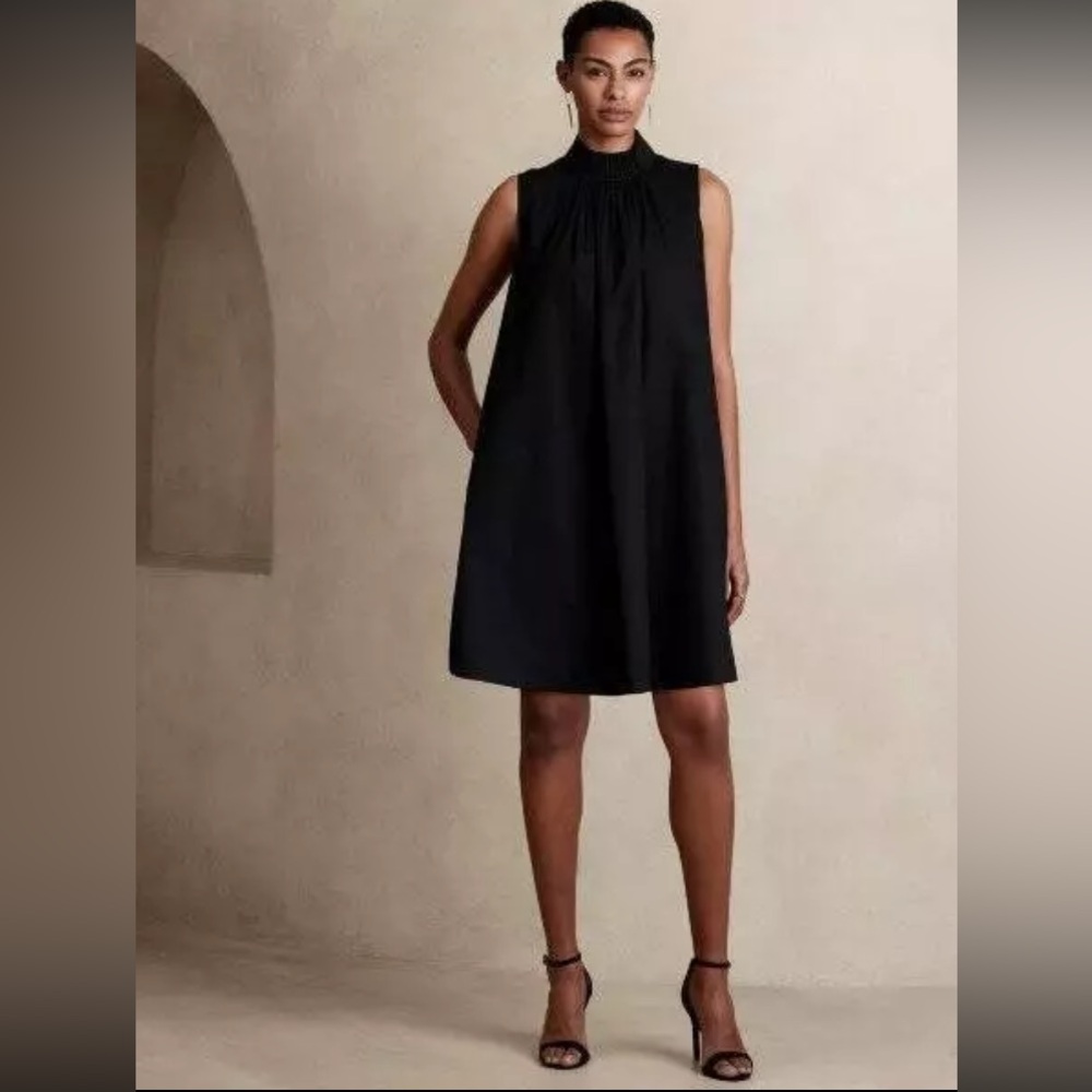 •Banana Republic New Black Ruffle Mock Neck Size XS-Tall Shift Dress #S1